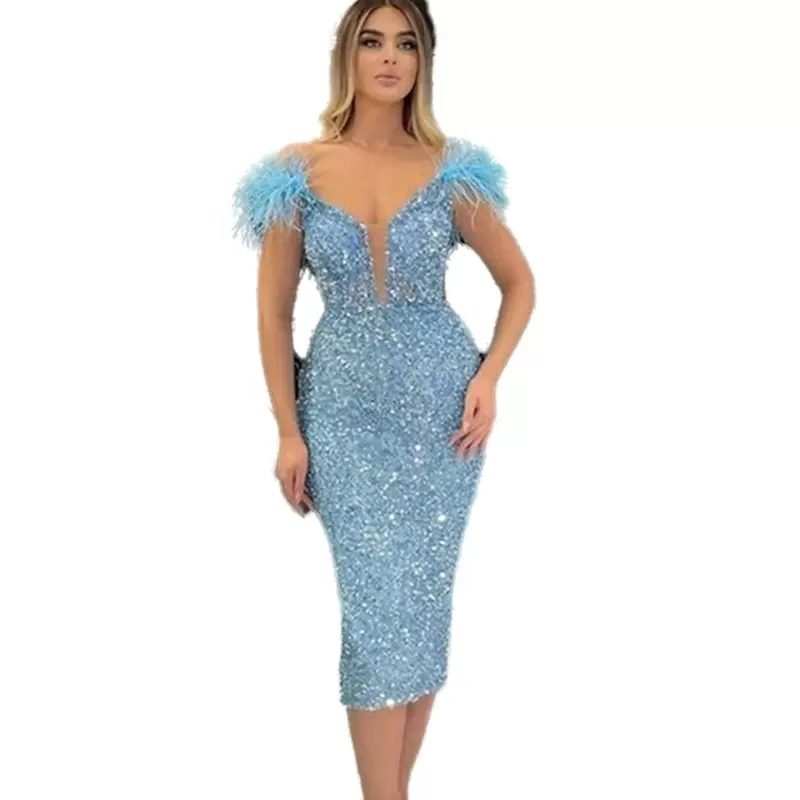 Champage Evening Dresses Sheath V-neck Knee Length Sequins Short Turkey Dubai Saudi Arabic Evening Gown Prom Dresses