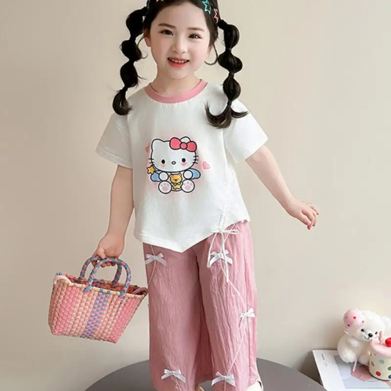 

Children's Summer Short Sleeved Pants Set Girls New Stylish T Shirt Wide Leg Pants Girls Bow Wide Leg Pants Soft Two Piece Set