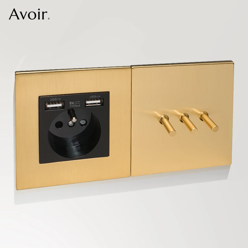 Avoir Gold Wall Light Switch 1-4 Gang 2 Way Stainless Steel EU French UK Usb Power Socket 86 Type Lighting Dimmer AC 110V-250V