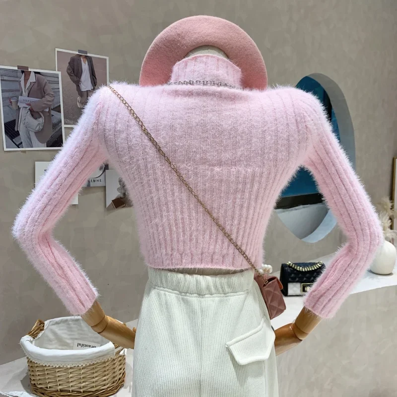 Half High Collar Sweater Women Slim Sexy Hollow Jumper Pullover Tops Crop Pink Sweaters Fur Button Knit Sueter Shirt