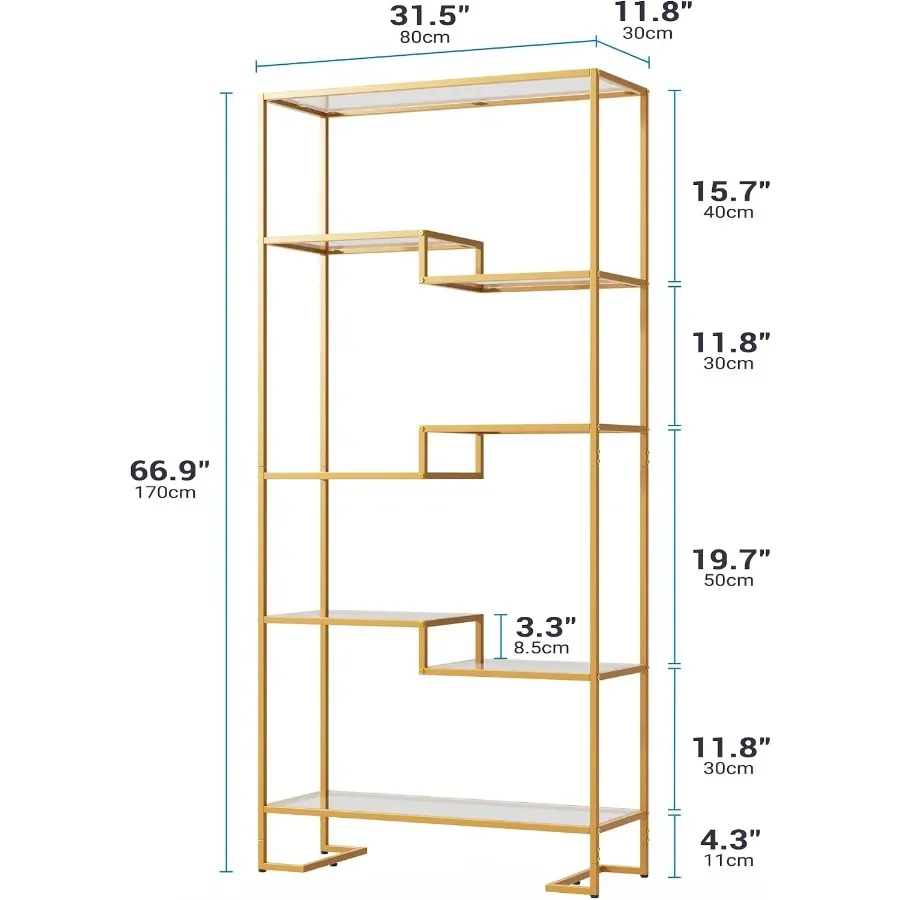 5-Tier Bookshelf, Tempered Glass Display Shelf, Modern Open Shelf Bookshelf, Tall Storage Open Bookcase for Living Room, Home O