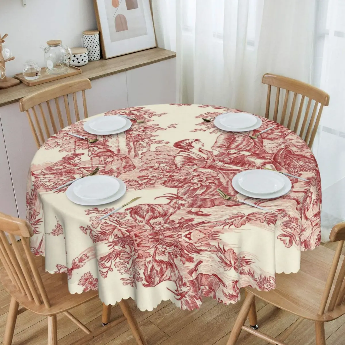 French Country Toile De Jouy Tablecloth Round Waterproof Motifs Table Cover Cloth for Banquet 60 inches