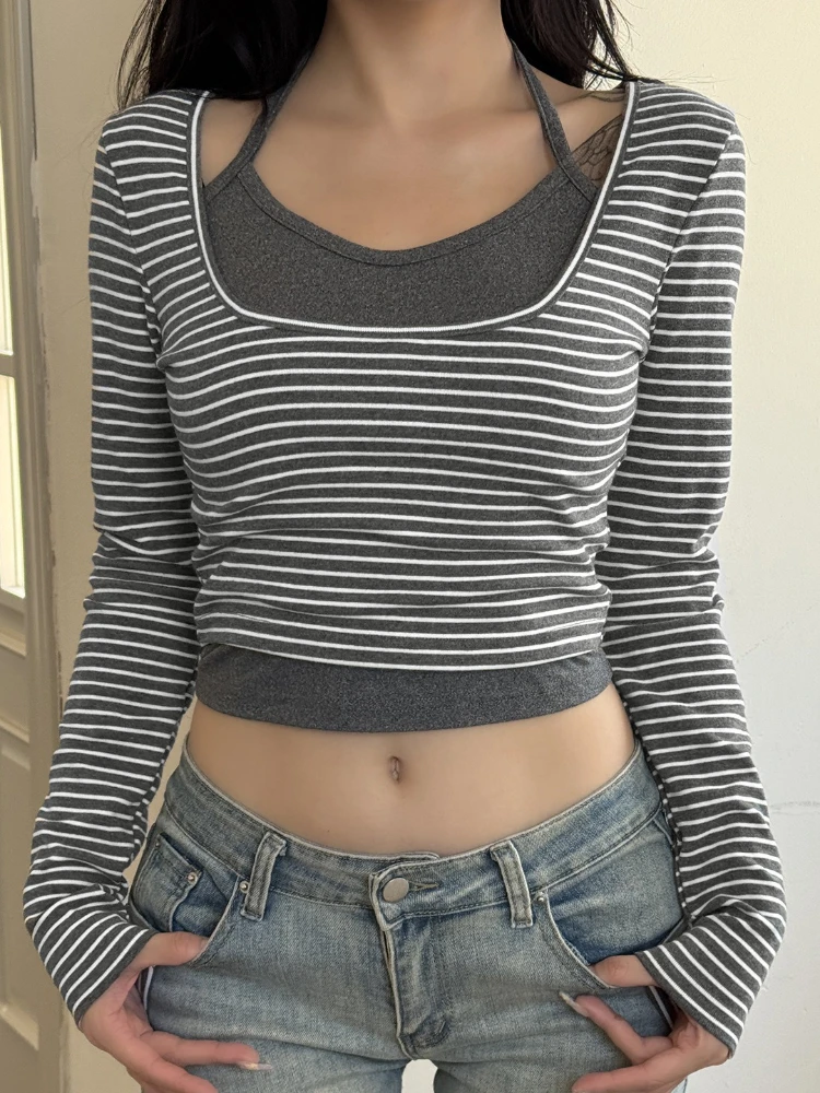 Harajuku Fake Two Pieces Stripe T-shirts Y2k Aesthetic Casual Halter Cropped Tshirts Autumn Women Patchwork Grunge Bodycon Tops