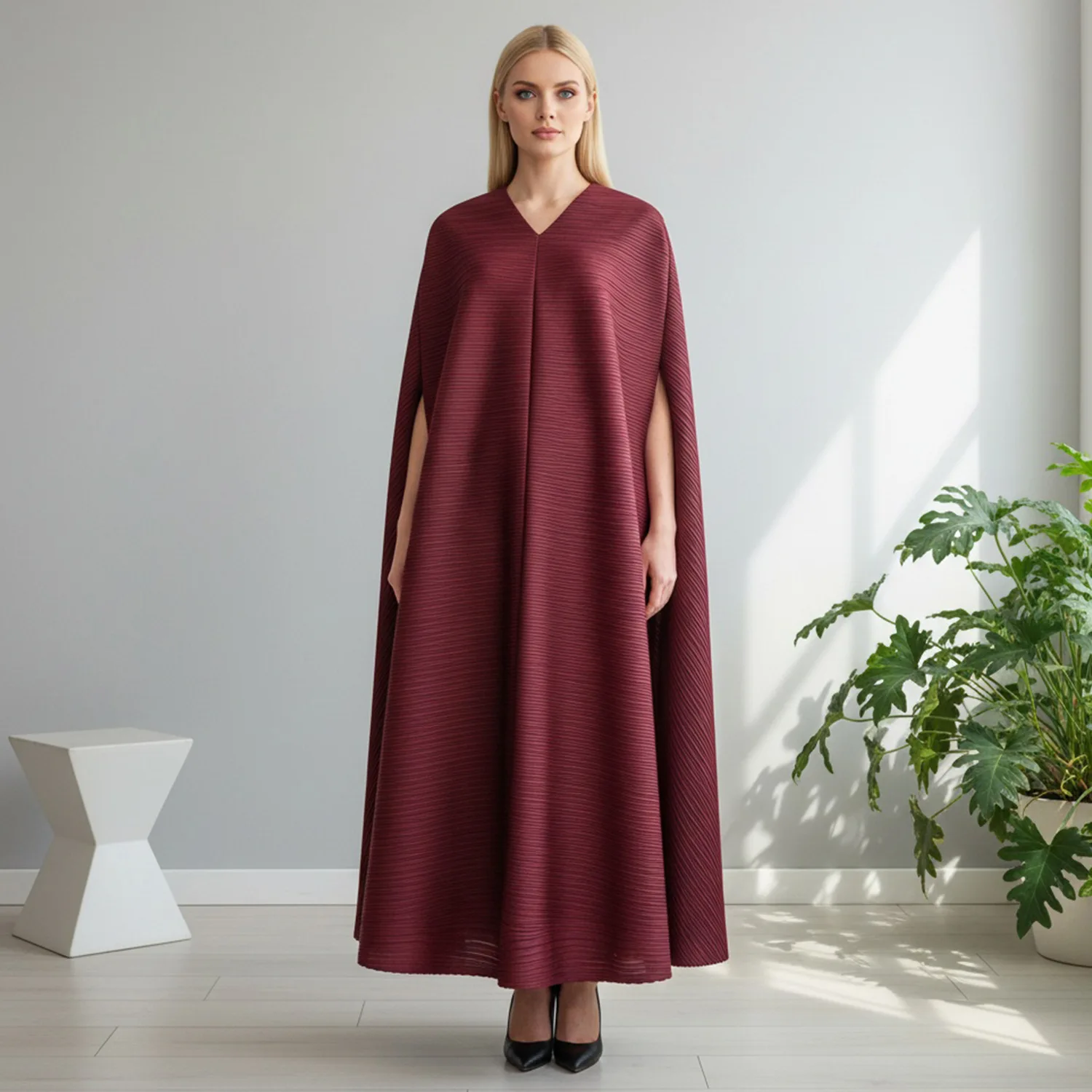 

Miyake Wine Red Pleated Women's Loose Long Dress V-neck Cape Sleeves Casual Bawting Sleeves Famale Clothing 2026 New 2DB6959