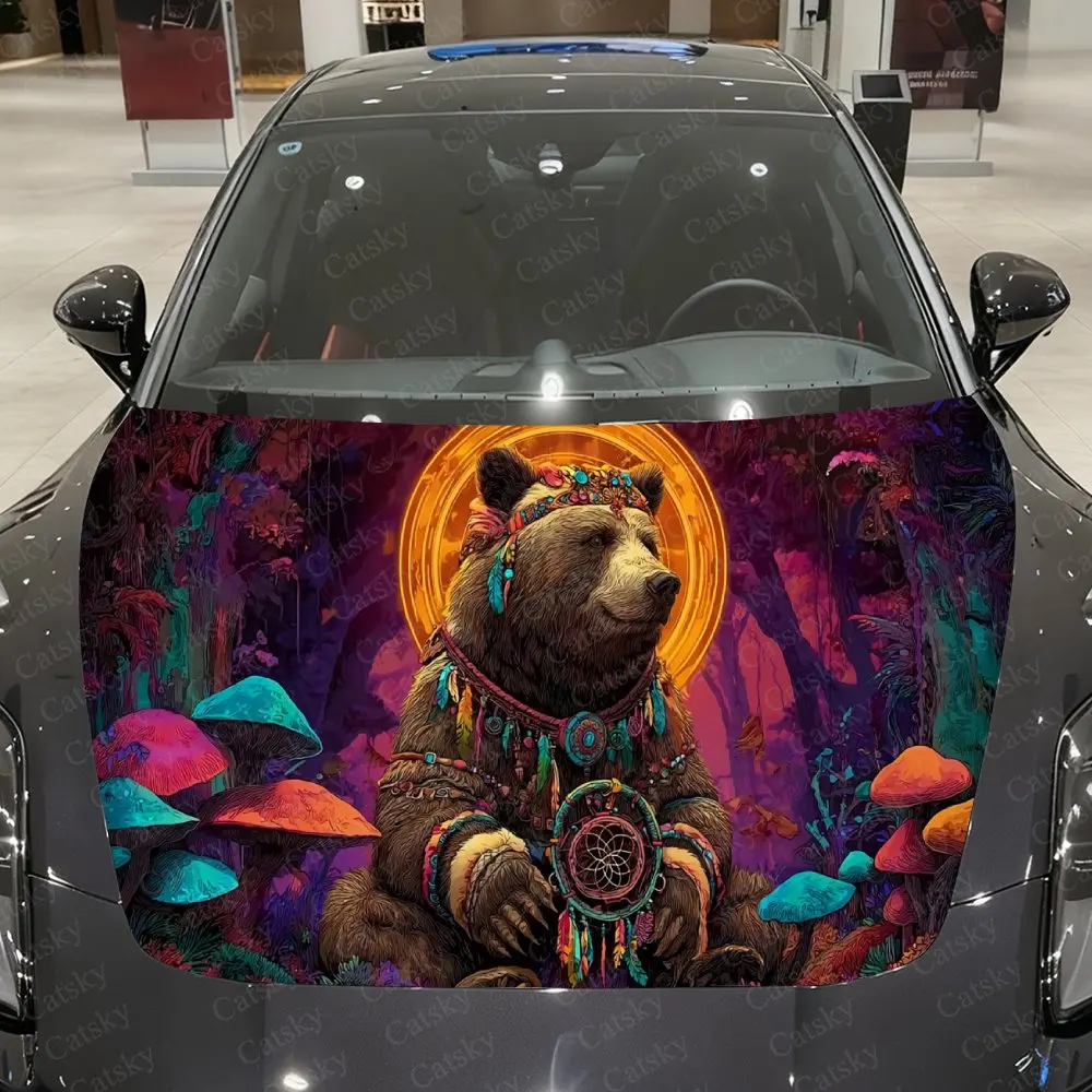 Iridescent Mushroom Brown Bear Car Vinyl Wrap, PVC Material Waterproof Car Hood Sticker, Self-Adhesive Scratch-Resistant Sticker