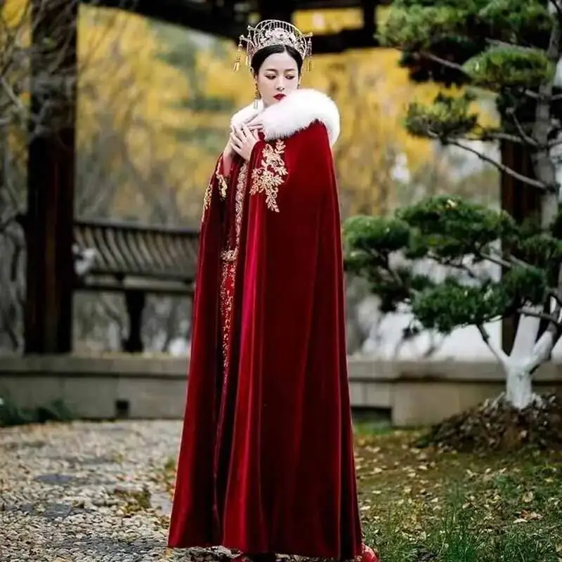 Winter Warm Thick Hanfu Long Cloak Women Chinese Traditional Embroidery Red Velvet Cape Cloak Female Cosplay Costume Hanfu