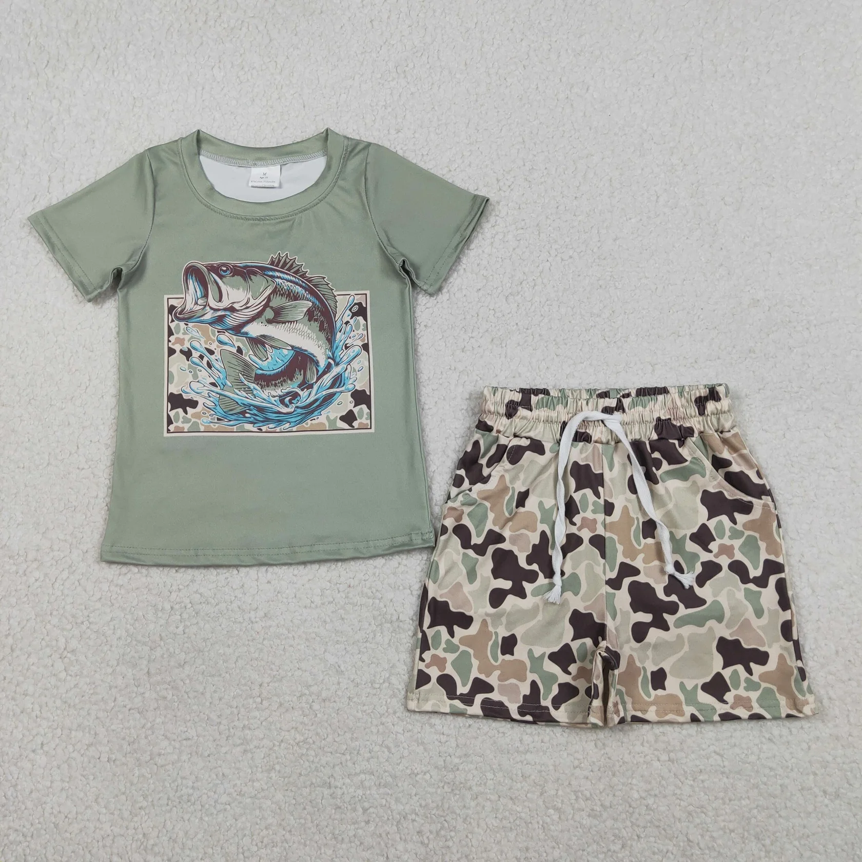 Wholesale Children Short Sleeves Fish Green Shirt Toddler Pockets Camo Shorts Kids Boys Outfit Baby Boy Summer Set Clothes