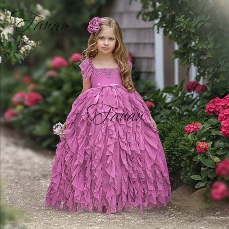 Vestidos de flores de cuello cuadrado Simple para niña, vestido de fiesta de gasa con encaje de flores 3D para niños y bebés