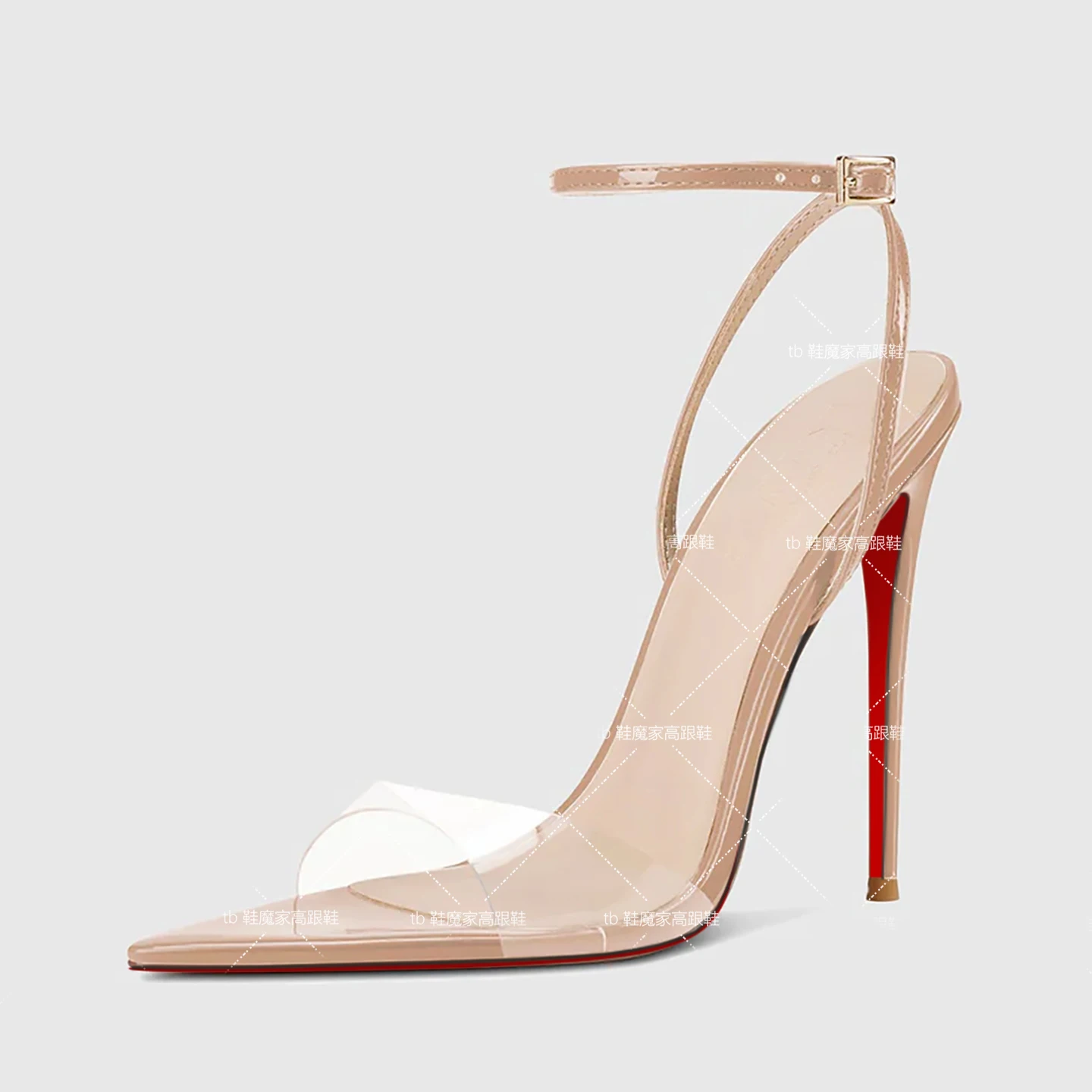 European and American Sexy Champagne Colored High Heels New Pointed Toe Open Toe Straight Buckle Sandals Women's Plus Size Shoes image 4