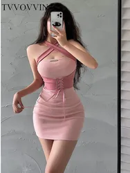 TVVOVVIN Hot Girl Style Sexy Open Back Lace Up Waist Tight Thin Neck Dress Hip Wrap Mini Dress Pink Hot Sexy Sweet Korean 0P55