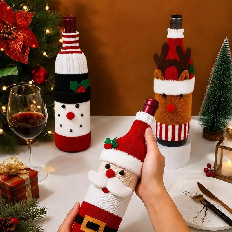 Christmas Wine Bottle Cover Santa Snowman Woven Wine Bottle Bags Christmas Party Dinner Table Decorations New Year Gifts