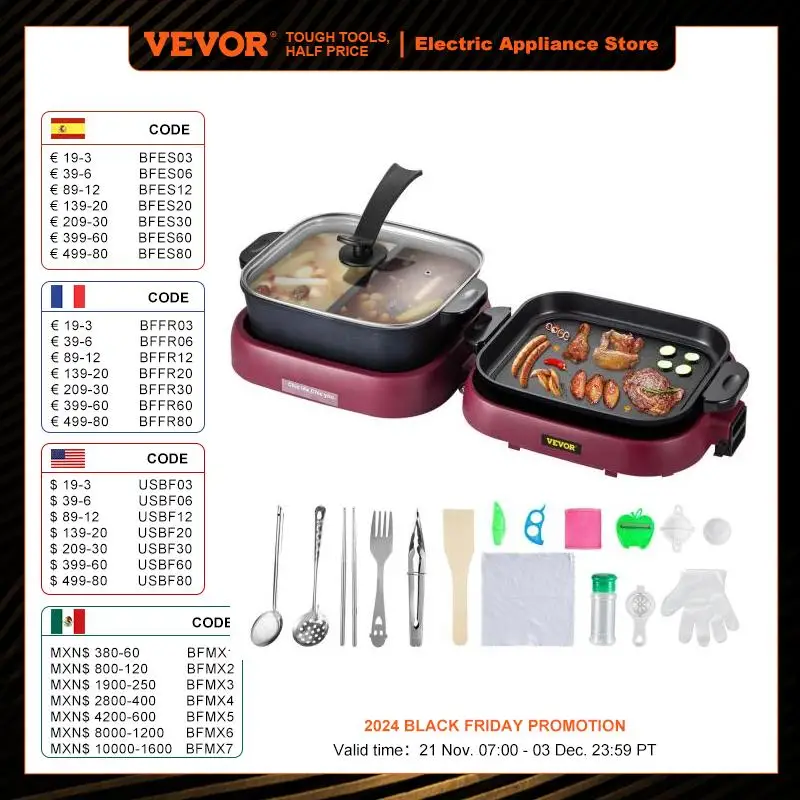 VEVOR 2 in 1 Electric Hot Pot BBQ Grill 2000W Multifunction Portable Home Foldable Non-Stick Split Pot Smokeless Barbecue Pan