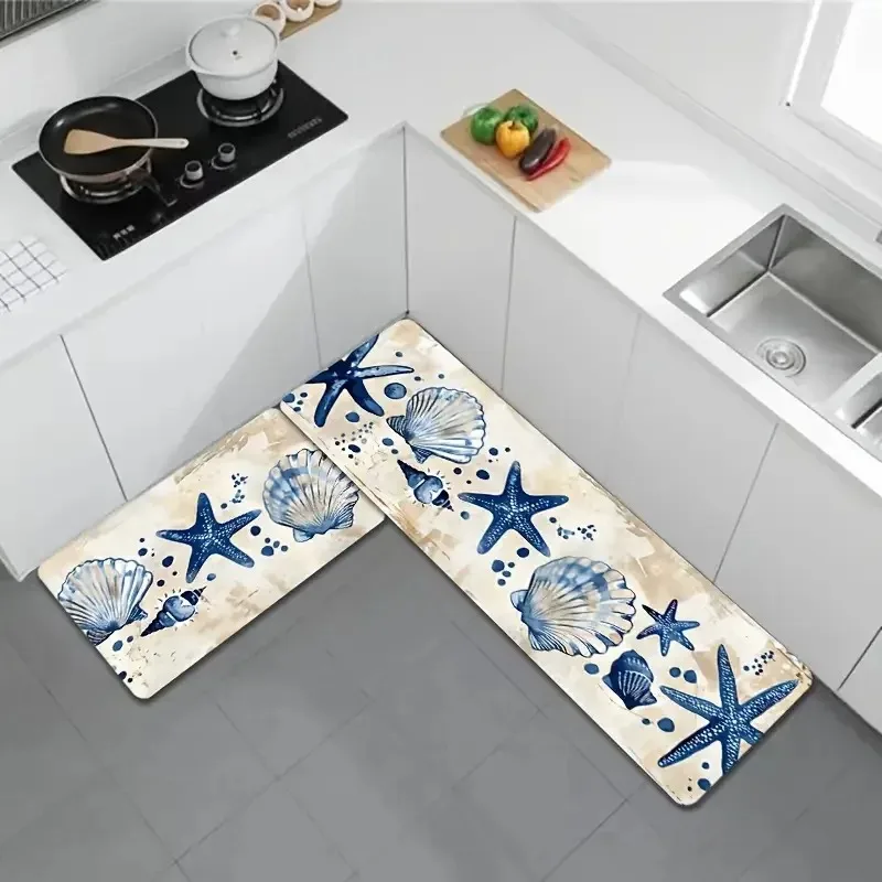 Beach Nautical Starfish Seashell Kitchen Rug Set Wear‑Resistant Floor Mat Ocean Theme Carpet for Kitchen Hallway Home Decor