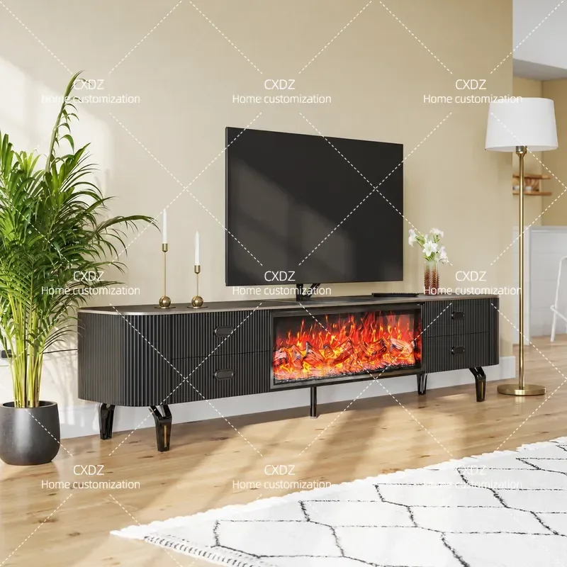 Light Luxury TV Stand with 3D Simulated Flame Electric Fireplace Modern Media Console Storage Cabinet for Living Room Global