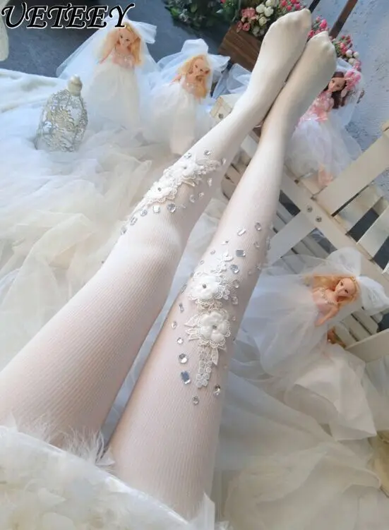 Spring and Autumn Japanese Princess Wind Bottom Socks Double Layer Flower Hot Diamond White Stockings Pantyhose Tights Women