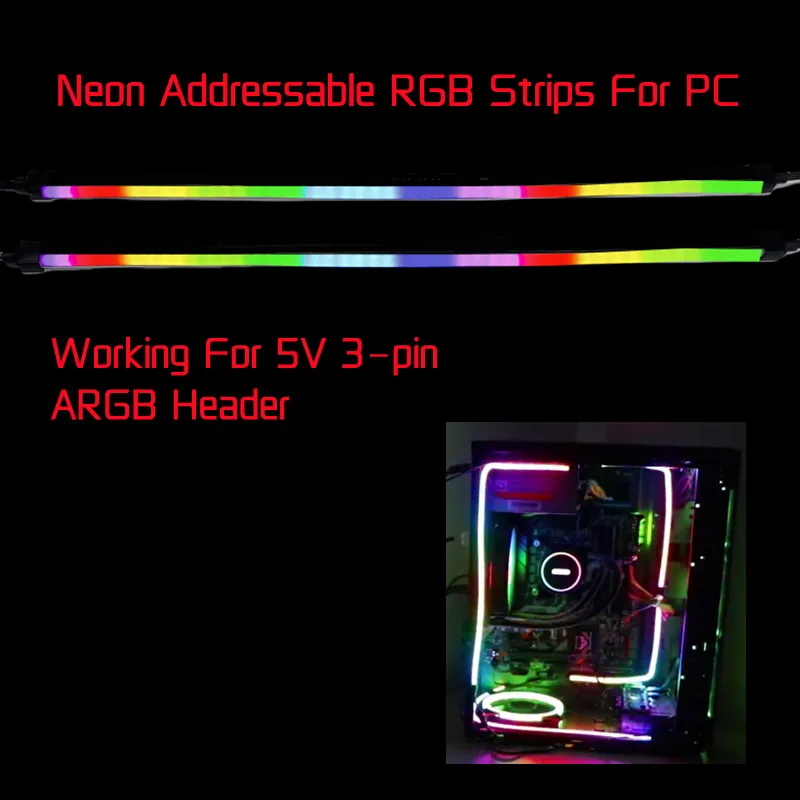 NEON Addressable RGB PC LED Strip, 2x15.7in Diffused Rainbow Magnetic ARGB Strip for 5V 3-pin Aura SYNC Gigabyte with 12pcs Stro