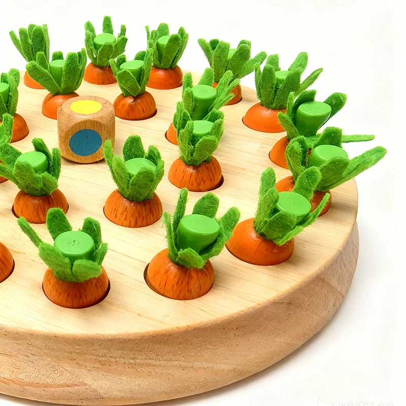 Drewniana gra w szachy w kształcie marchewki z kolorową planszą i układanką. Zabawka edukacyjna Montessori do rozwijania zdolności poznawczych
