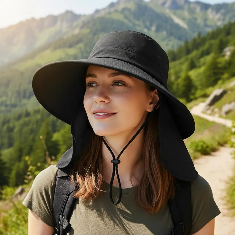 Damen-Sonnenhut mit breiter Krempe und Nackenschutz, stilvoller, rollbarer UV-Schutz, breiter Krempe, Floppy-Strandhut, Sonnenschutz für Sommerwanderungen