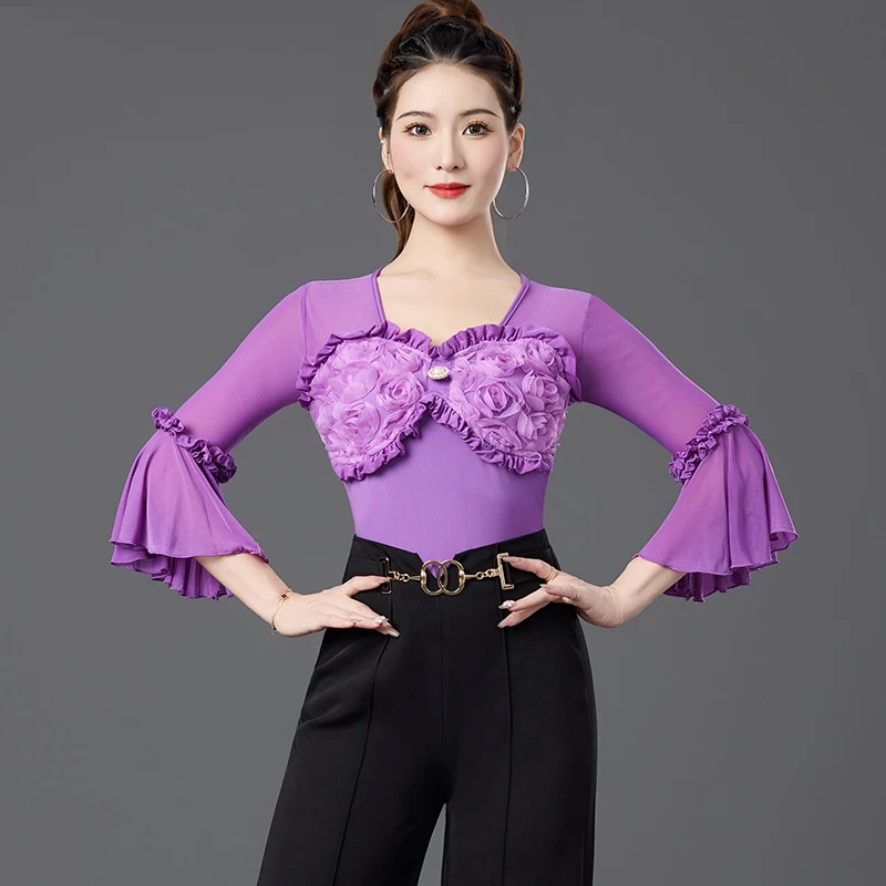 Mono de media manga con flores, Top de baile latino, ropa para mujer, trajes de baile modernos estándar nacional Chacha Rumba Tango DQL11548