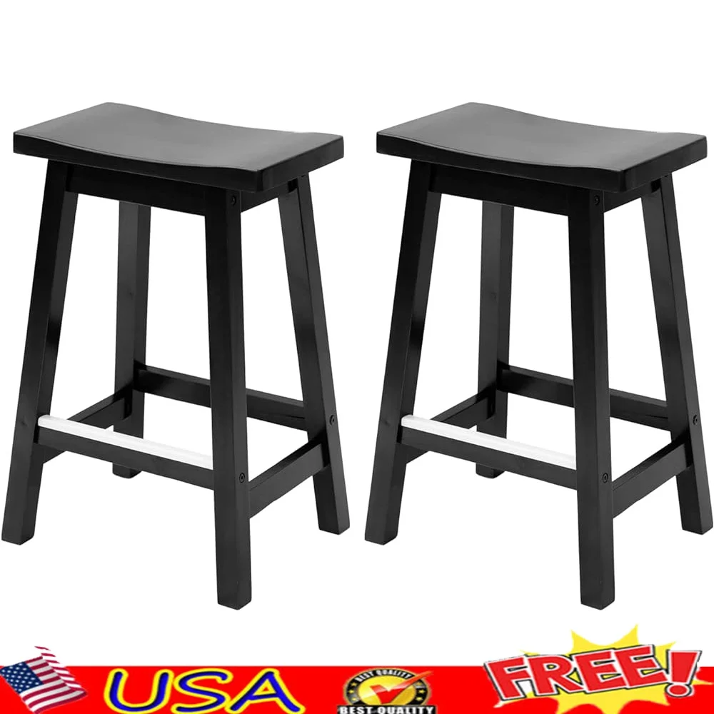 

Solid Wooden Counter Stools Set of 2 Saddle Design Kitchen Bar Chairs Easy Assembly 24 Inch Height Durable Footrest