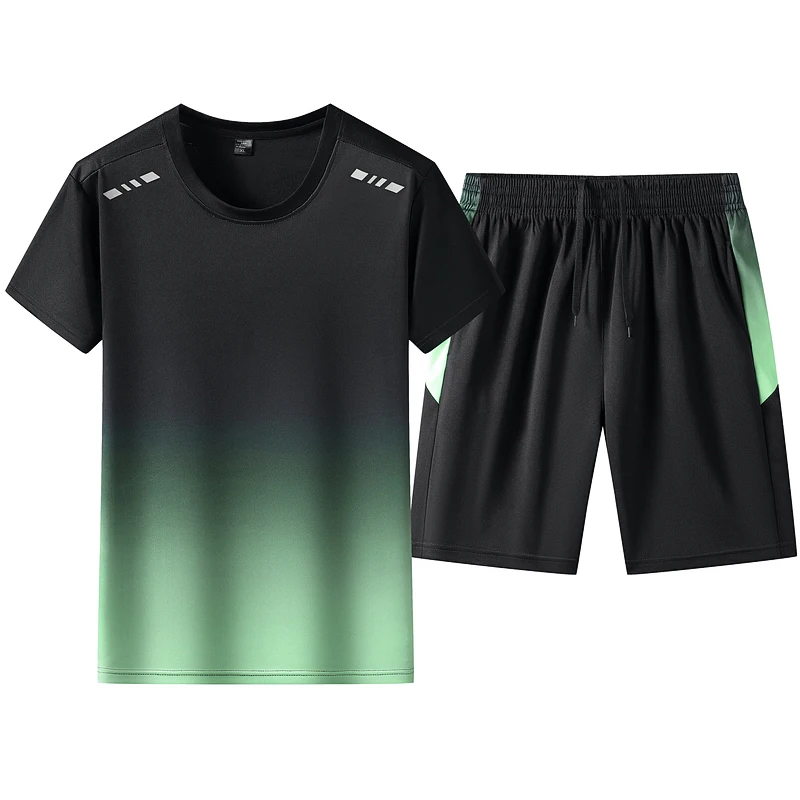 Summer Men 2‑Piece Sports Outfit Gradient Short Sleeve T‑Shirt+Elastic Waist Shorts Quick Dry Breathable Jogging Running Trainin