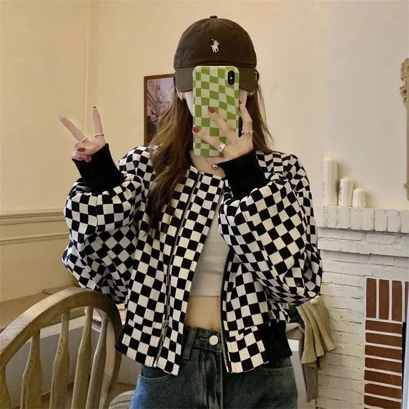 Vintage Chessboard Pattern Jackets Autumn New Casual Long Sleeve Korean Women's Clothing Streetwear Spliced Stylish Zipper Coats