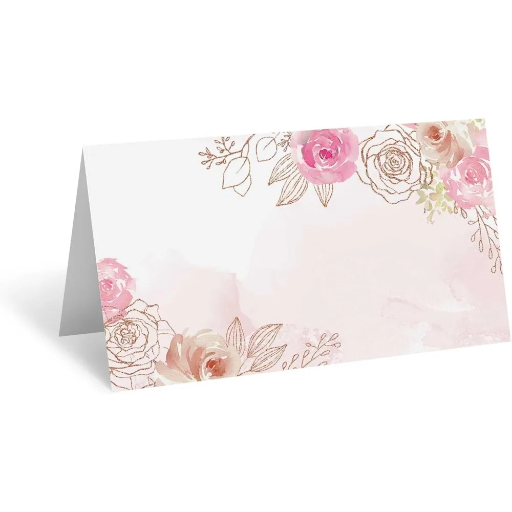 

Pink Flower Place Cards for Table Setting, 2 x 3.5 Pack of 50 Floral Wedding Place Cards, Elegant Reception Name Cards, Rose Gol