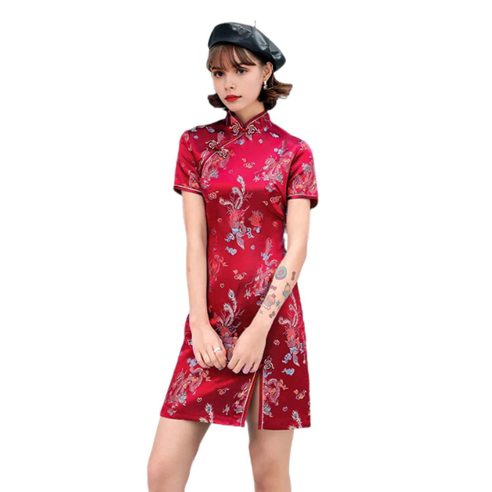 

1 шт./лот, китайское женское платье Cheongsam с цветочной вышивкой и воротником-стойкой Qipao, винтажное свадебное платье трапециевидной формы на пуговицах с половиной рукава