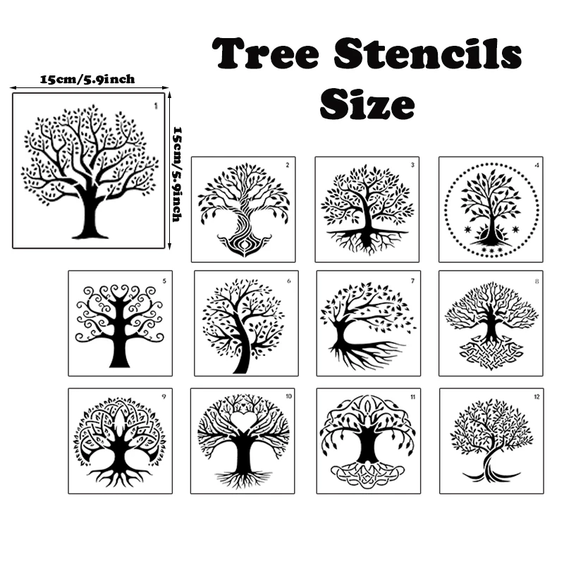 12pcs Tree Stencils Set Tree of Life Stencil for Painting on Wood Airbrush Natural Plants Small Palm Tree Drawing Templates