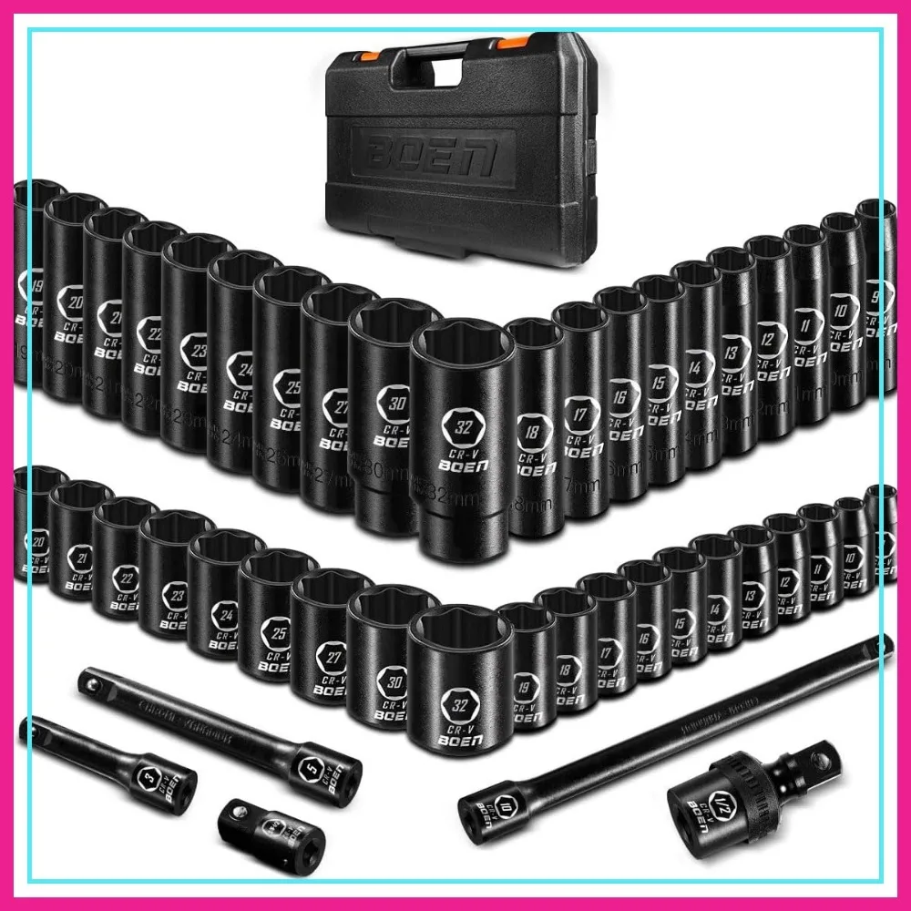 

45PCS 1/2" Drive Metric Socket Set, Deep & Shallow, 9-32mm, 6 Point, CR-V Steel, Portable Case