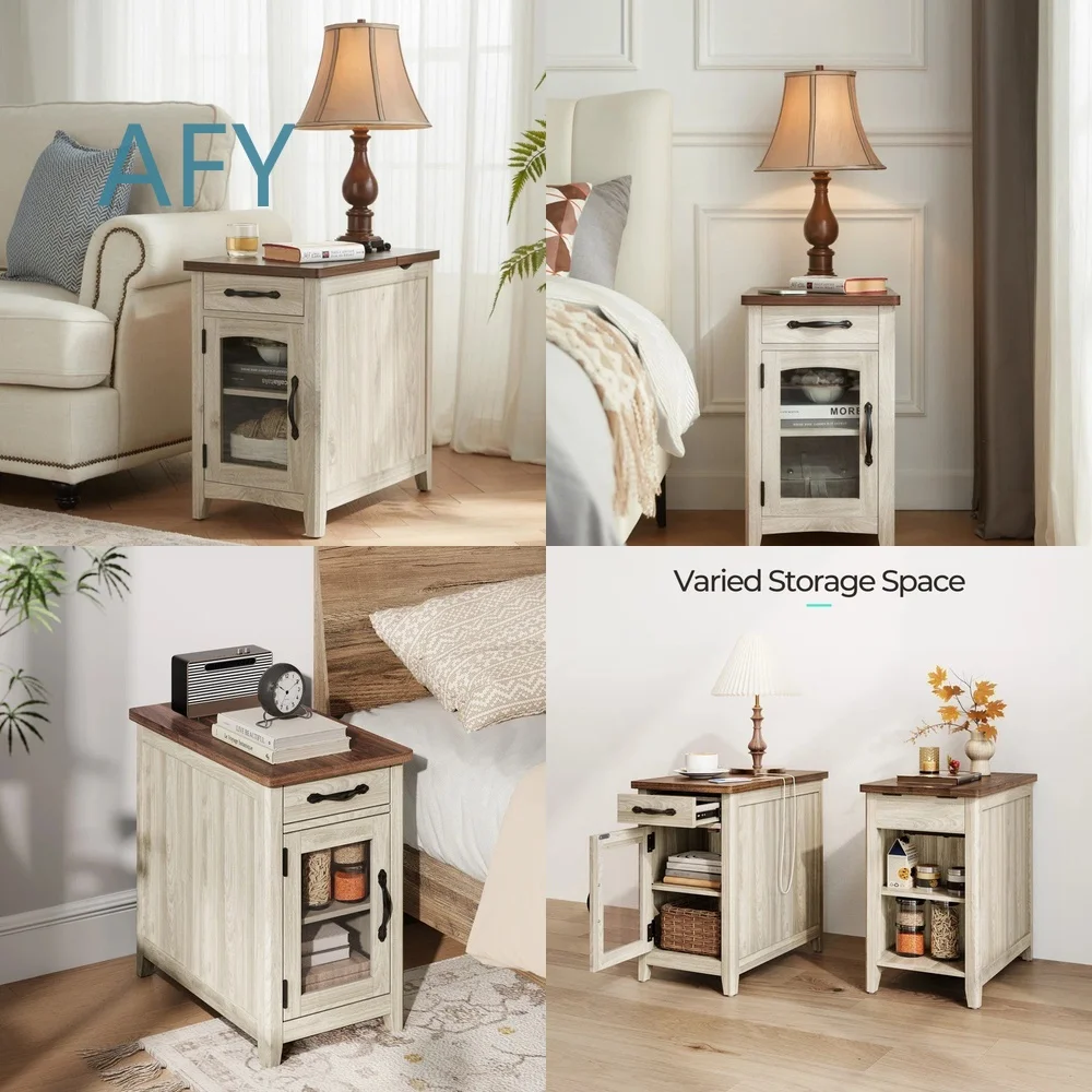 Rustic Brown Top White Base Side Table with Storage Space Socket for Living Room Bedroom Office Home Decor Farmhouse Style