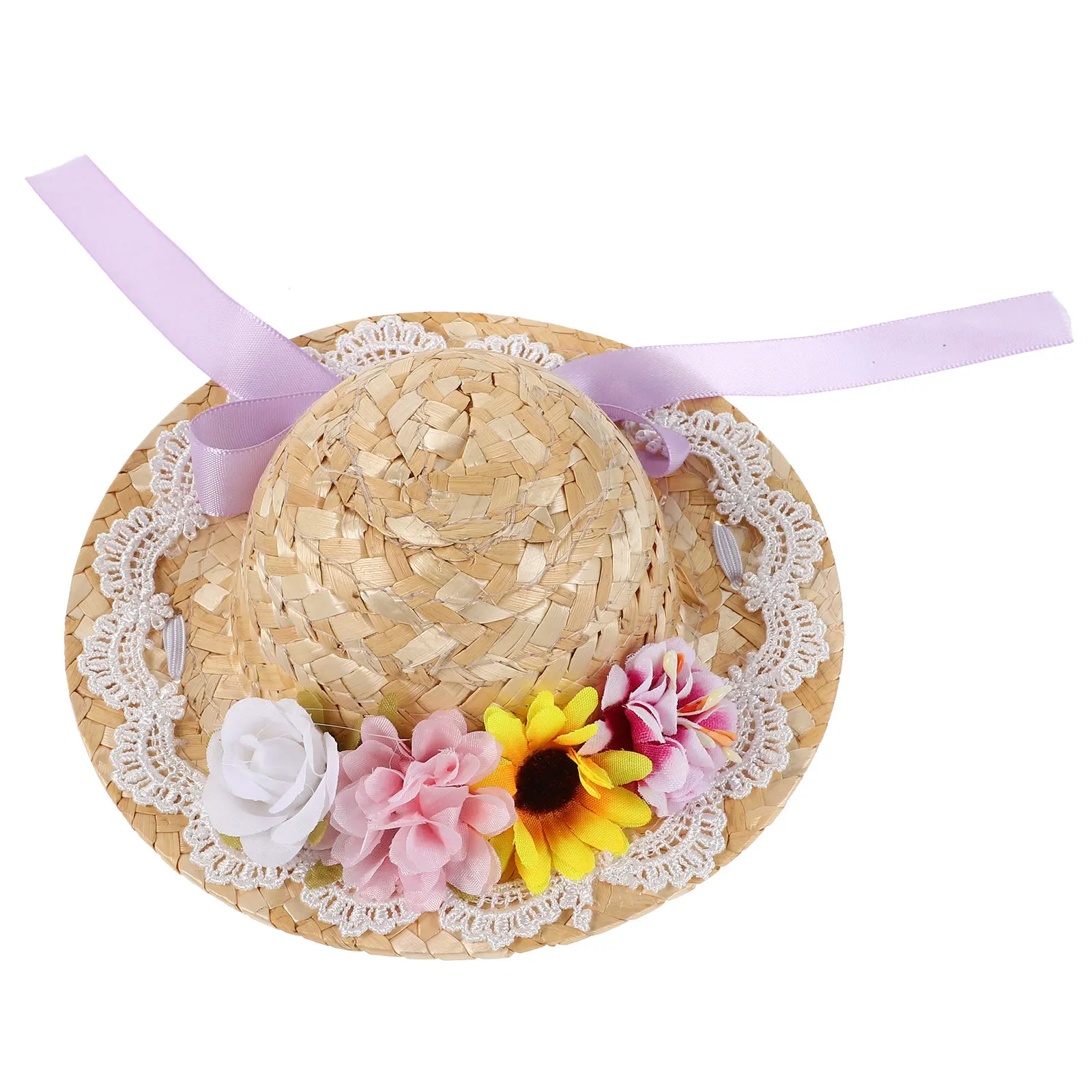 

Mini Straw Hat Tiny Sombrero with Bow Flowers Craft Hat for Dollhouse Miniature Decoration Projects Miniature Hats