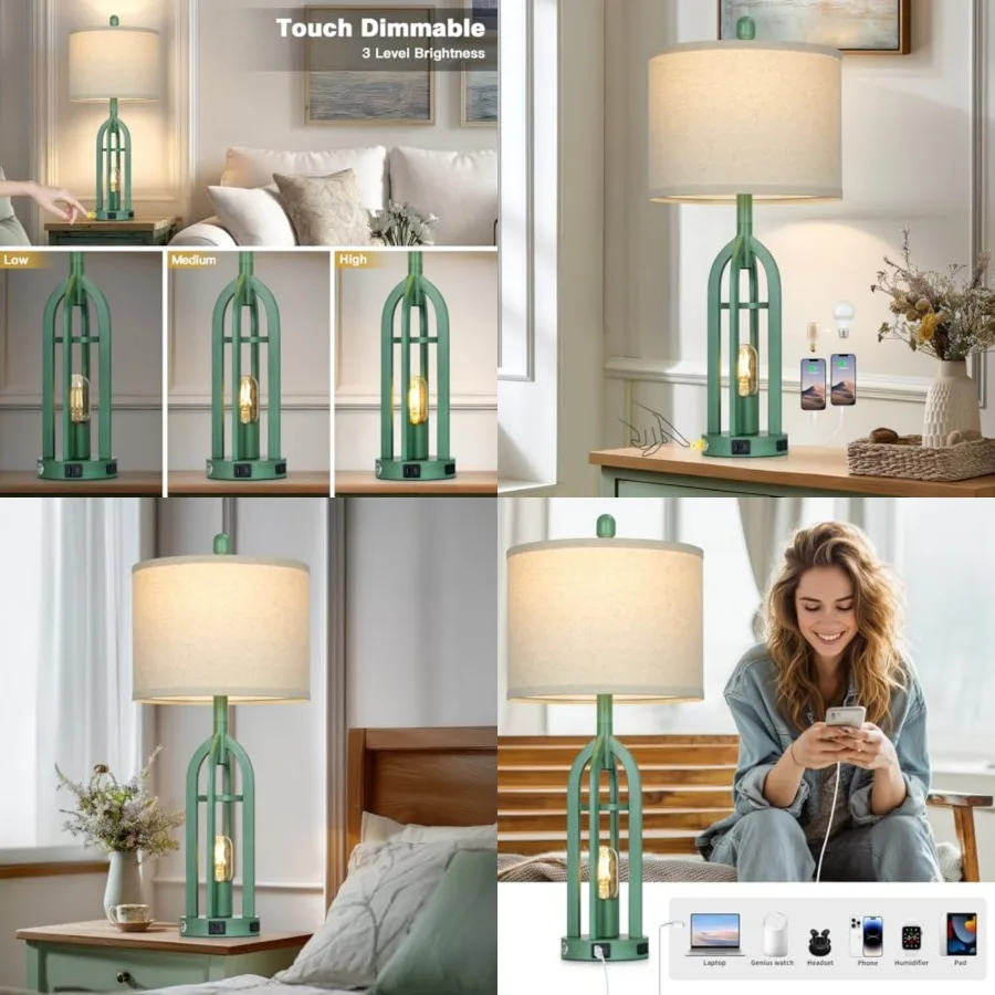 

27" Tall Coastal Lamp, Retro- Vintage Bedside Nightstand Lamps with USB C+A and AC Outlet, 3-Way Dimmable Touch Control Table L