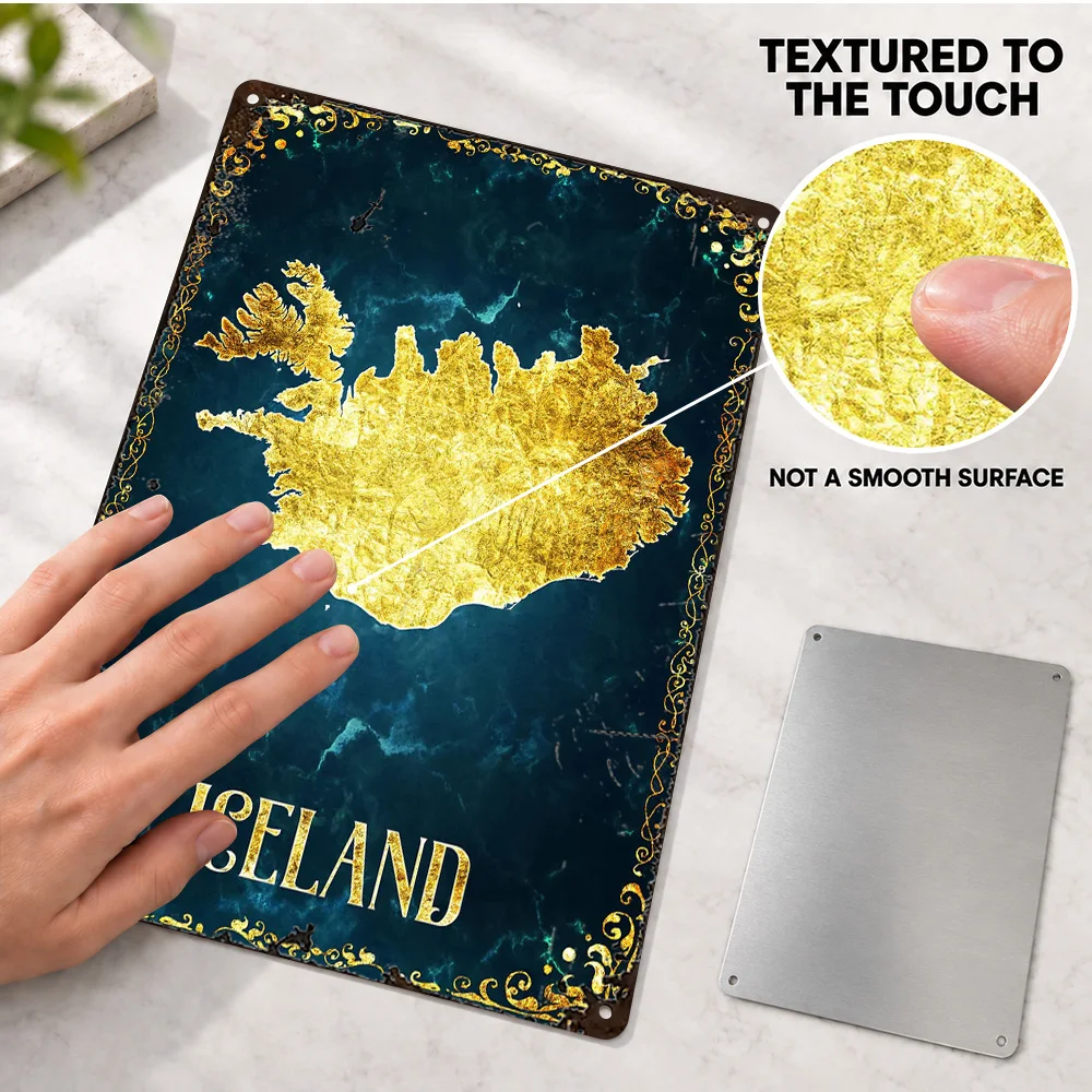 Iceland Map Textured Metal Poster Customized Aluminum Sign Gold Cartography Wall Art For Reading Room Geography Enthusiast Gift