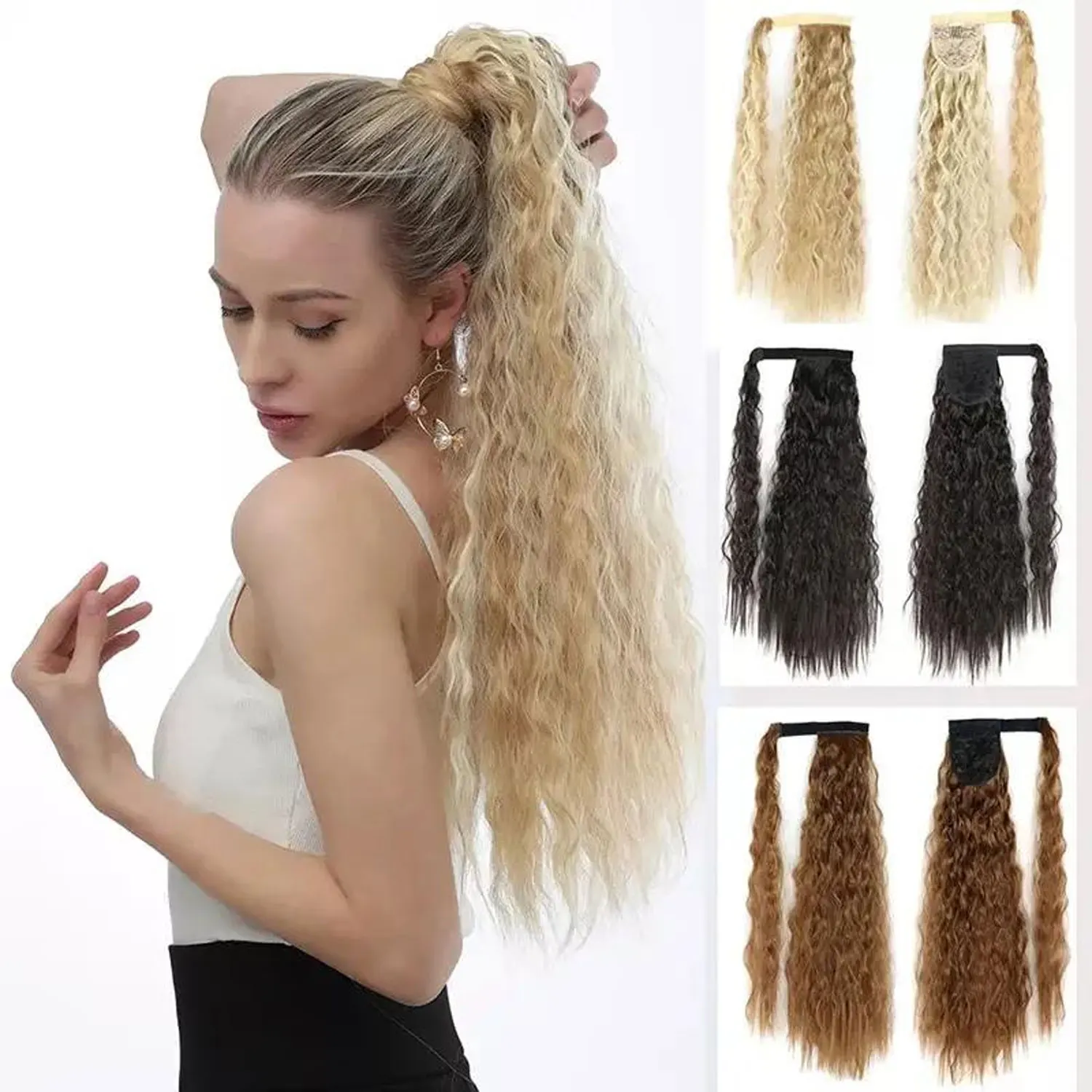 Synthetic Long Corn Wave Ponytail Extension Magic Paste Heat Resistant Wavy Wrap Around Ponytail Black Hairpiece for Women