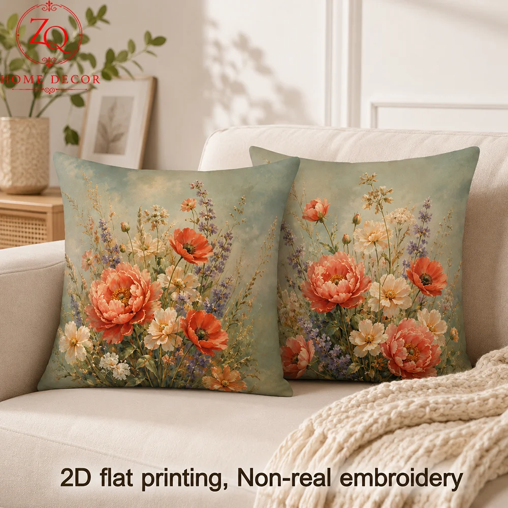 Peach Skin Floral Cushion Cover 2D Flat Printed Flower Pillowcase Oil Painting Wildflower Throw Pillow Case For Sofa Couch Decor
