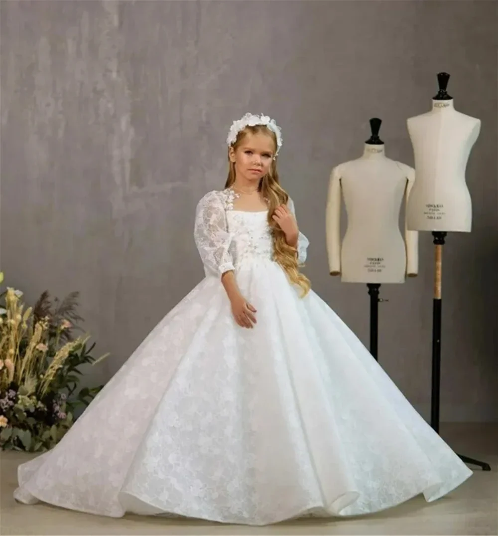 Robe de fille en tulle moelleux blanc avec appliques en dentelle, fleur de luxe, robe de fête d'anniversaire pour enfant, cadeau de mariage, première main, chariste