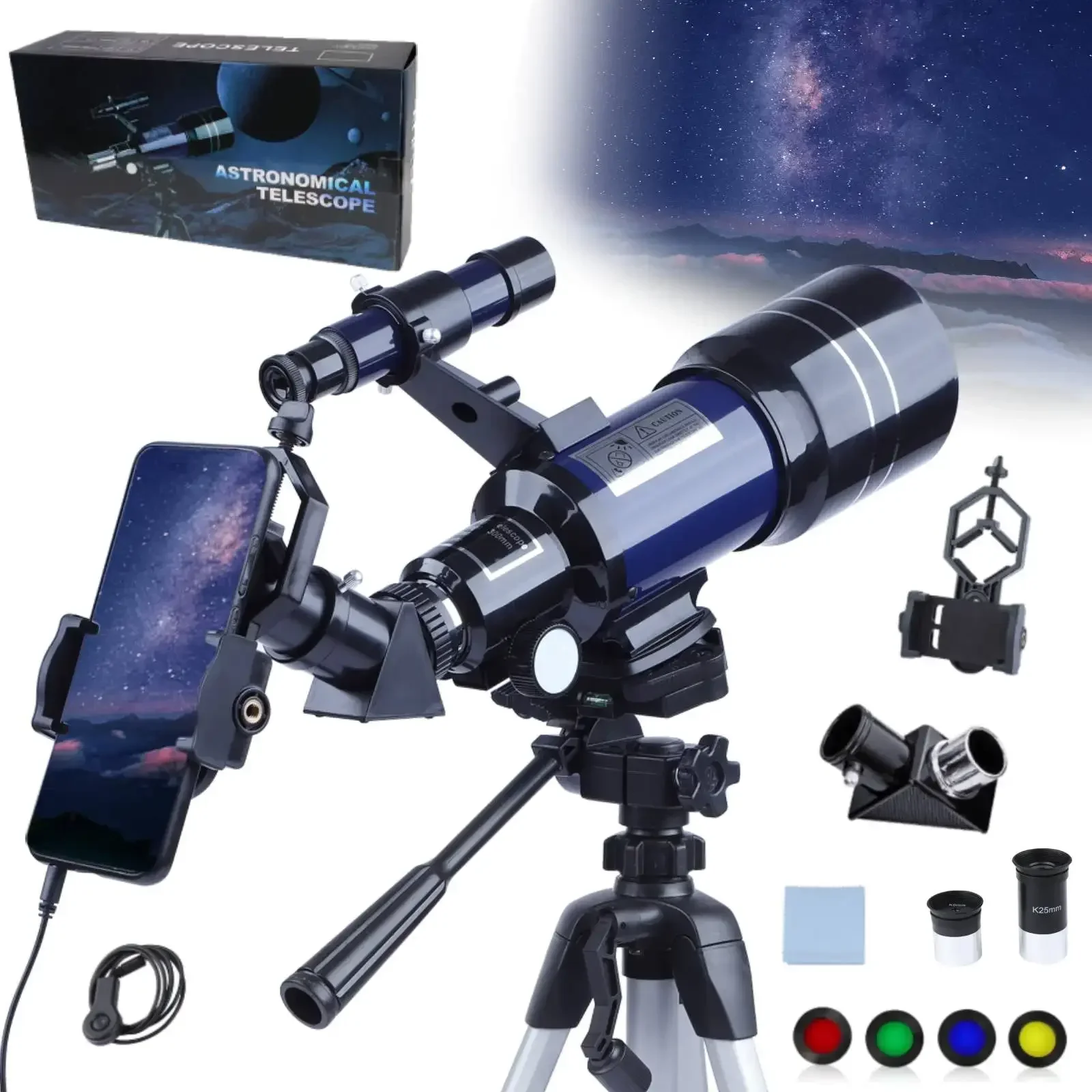 ForFor Kids Telescope, 70mm Aperture 300mm Beginner Telescope W/Phone Adapter Carrying Bag Por   Astronomy Refractor Telescop