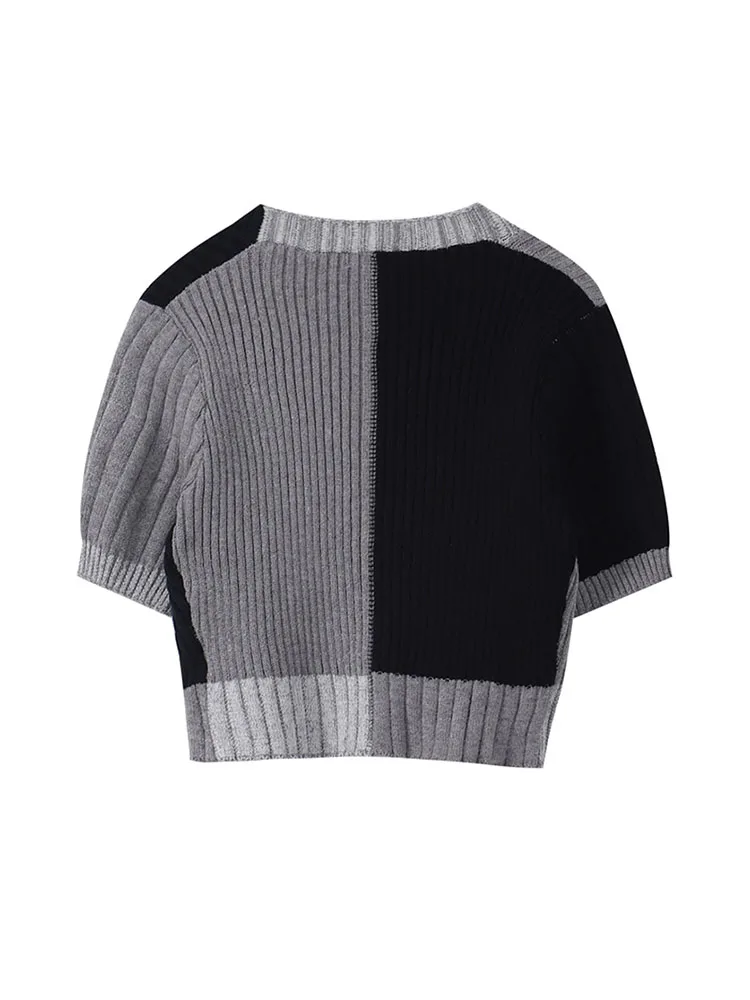 Korean Style O-neck Short Knitted Sweaters Women Thin Cardigan Button Up 2022 Summer Casual Fashion Patchwork Crop Top Female