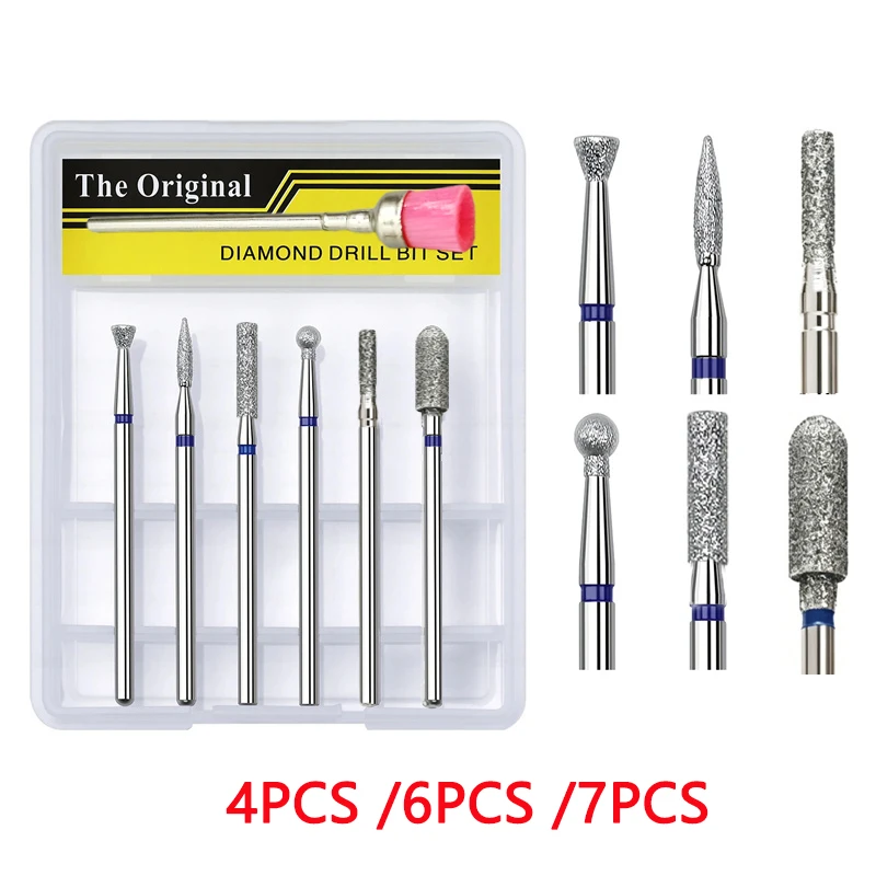 Diamond Nail Drill Bit Set 4/6/7Pcs Manicure Electric Rotary Burr Cuticle Tools 2.35mm Universal Fit for Nail Art Accessories