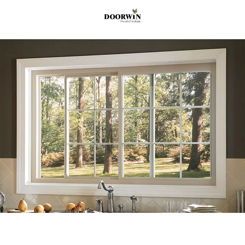 Doorwin Double Glazed Energy Efficient Window Design 3 Track White Grill Aluminium Wood Sliding Window