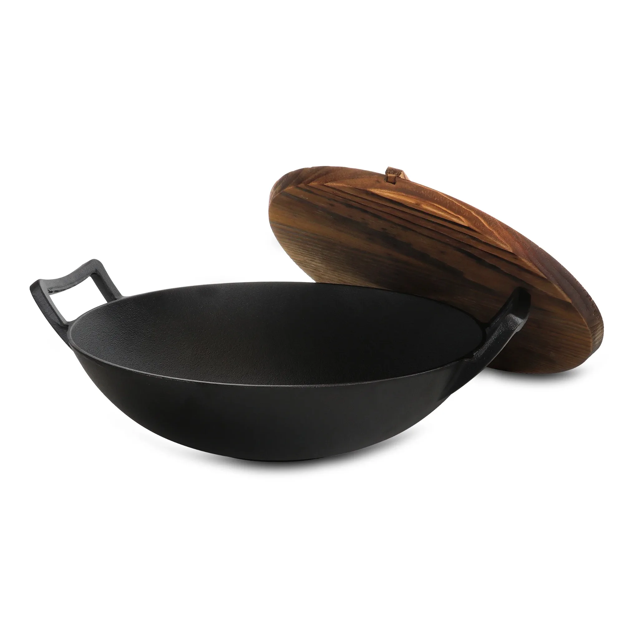 

2 Piece 14 inch Heavy Duty Cast Iron Wok with Wood Lid