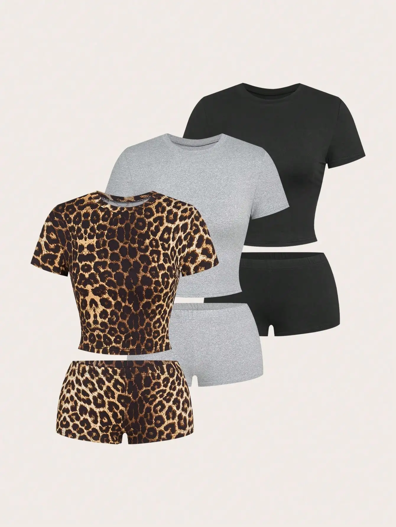 

Женский однотонный трикотажный топ с круглым вырезом и леопардовым принтом, модный комплект из трех предметов