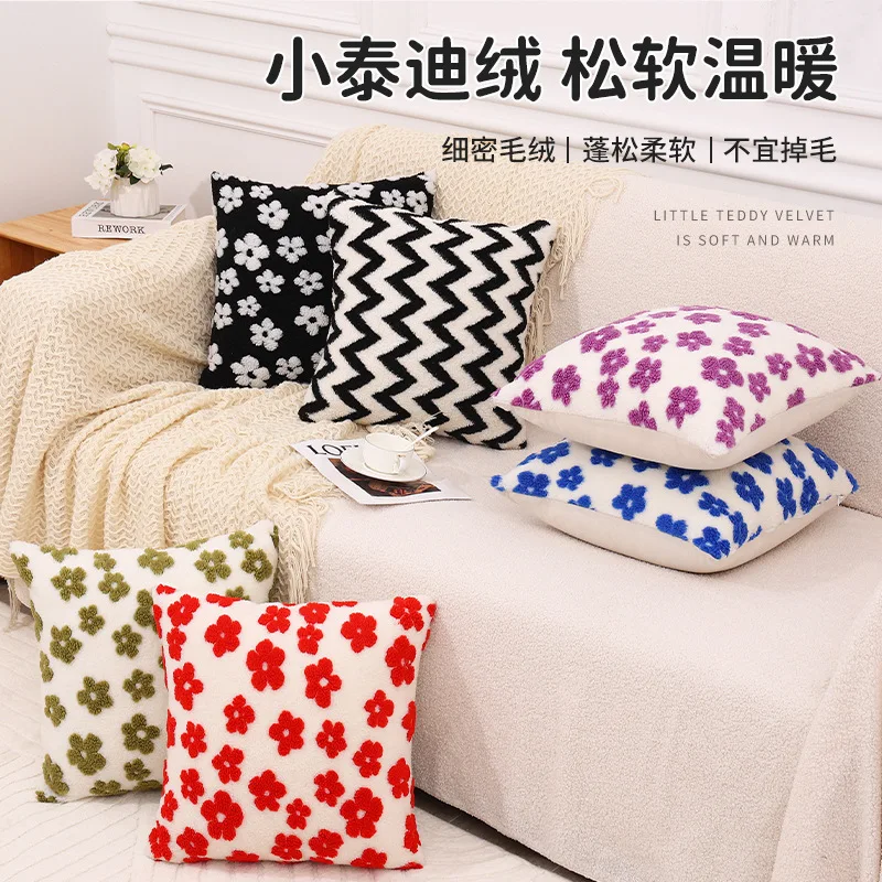 30X50/45x45/50X50CM Teddy Plush Throw Pillow Cover Modern Flower Stamping Waist Cushion Cover Decor Home Decorative Pillowcase