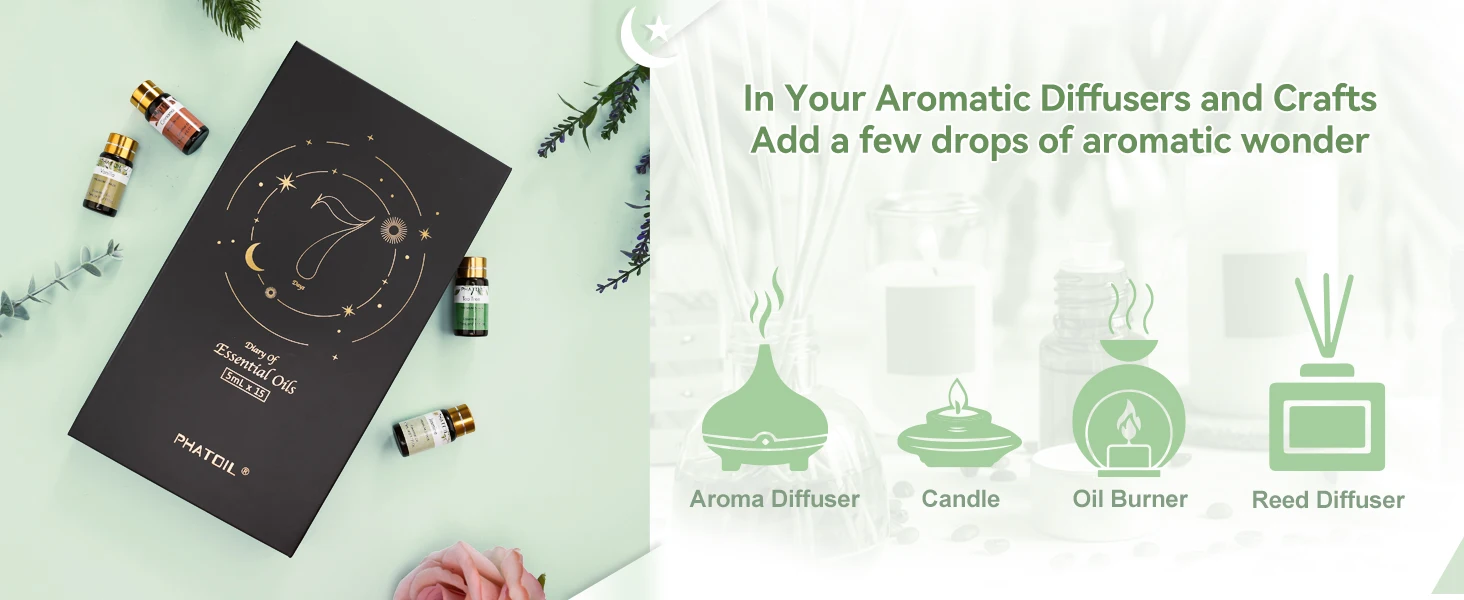 PHATOIL 15pcs x 5ml Essential Oil Gift Set For Aromatherapy Diffuser Lavender Peppermint Eucalyptus Lemon Cinnamon Vanilla Rose Aroma Essential Oils For Soap & Candle Making