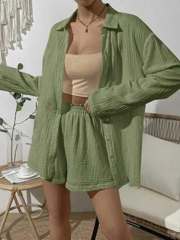 2024 Fashion Women Summer Suit Fashion Solid Color Cotton Long Sleeve Shirt Shorts Suit 2024 Casual Loose Shorts Two-piece Set