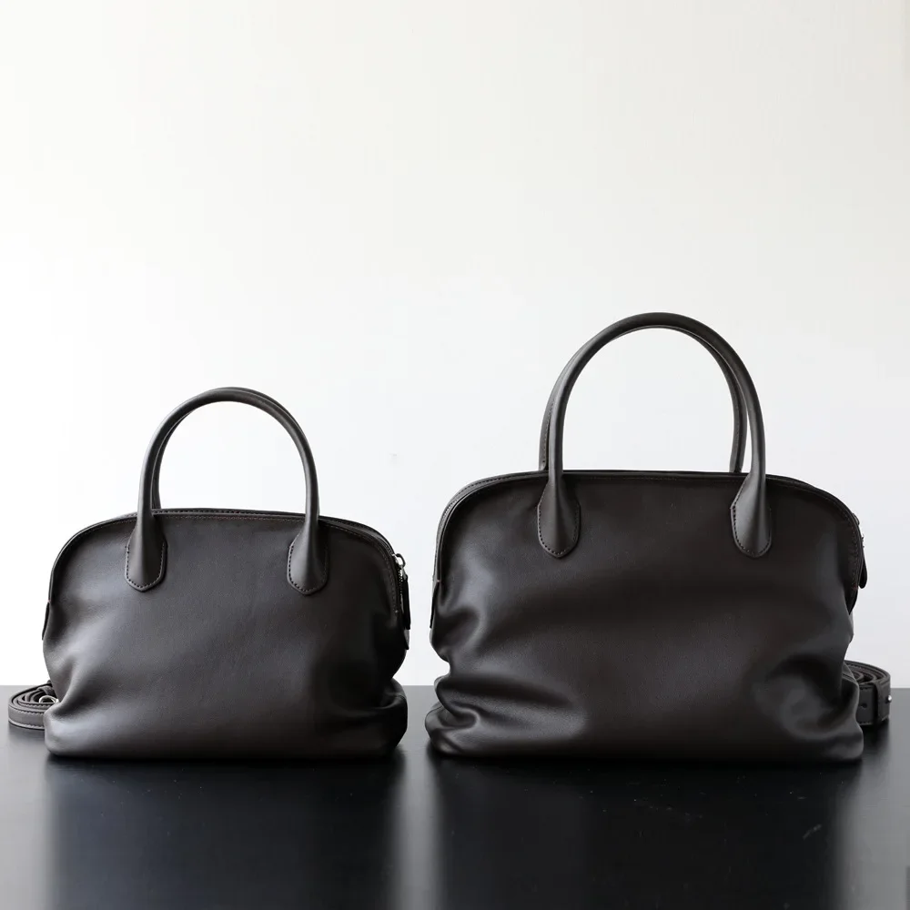 Light Luxury High Quality First-layer Cowhide Pleated Portable Large-capacity Shoulder Messenger Leather Commuter Bowling Bag