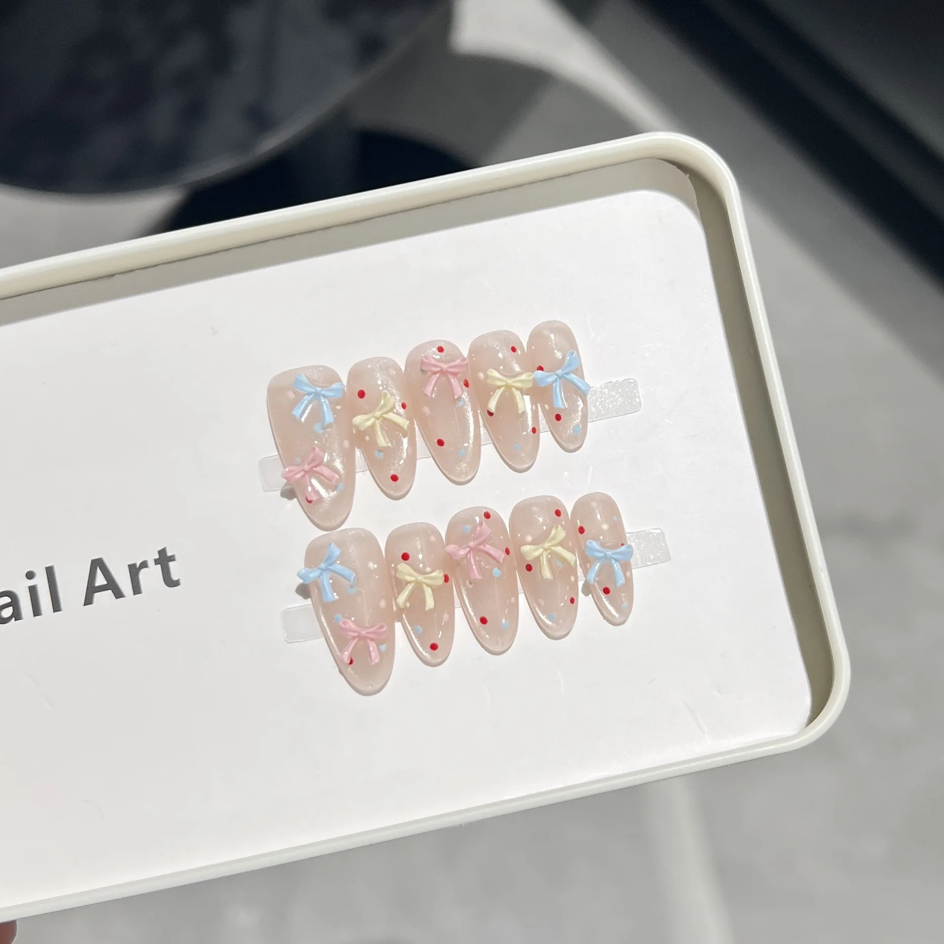 

10PCS Exquisite Handmade Press on Nails With Colorful Bow Polka Dot Cat Eye Design Fake Nails Removable Wearable Sweet Nails Art