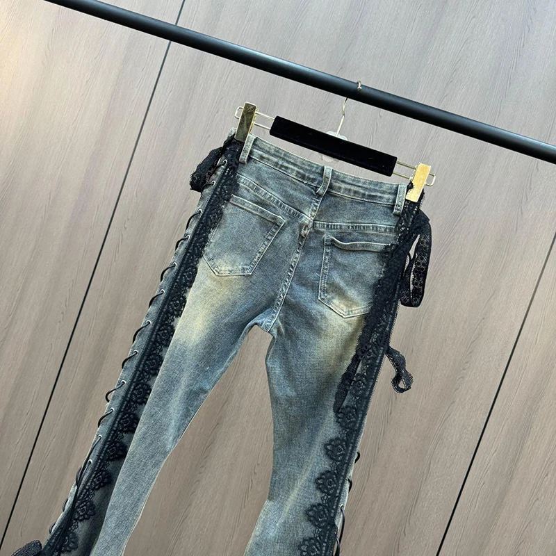 الدانتيل يصل مضيئة الجينز الرجعية غرزة الدانتيل شعيرات ضئيلة منخفضة الارتفاع سبليت Bootcut السراويل النساء جرس قيعان الشارع الشهير