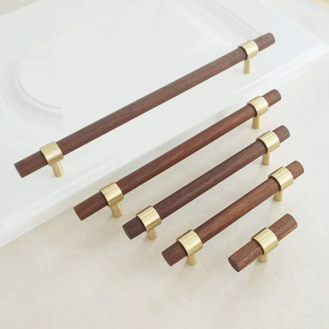 Black Walnut + Brass Handles for Cabinets and Drawers Natural Wooden Bedroom Wardrobe Pulls T Bar Knob Modern Furniture Hardware